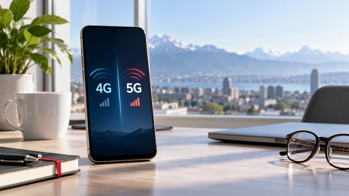 Smartphone affichant un choix entre les réseaux 4G et 5G devant un paysage suisse.