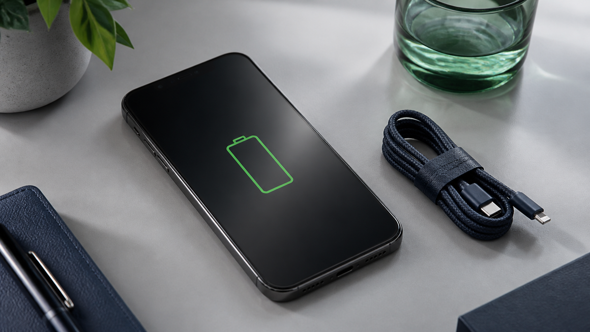 Illustration d’un smartphone affichant un symbole de batterie, à côté d’un câble de recharge.