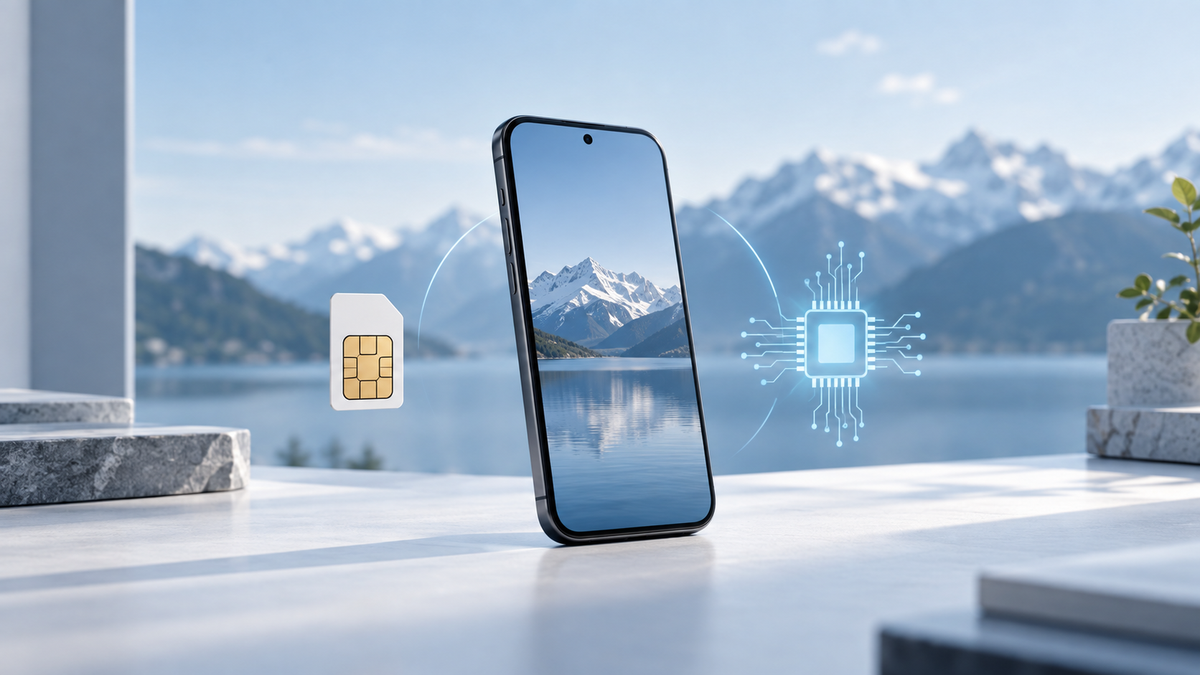 Smartphone présenté entre une carte SIM physique et un symbole de puce numérique.