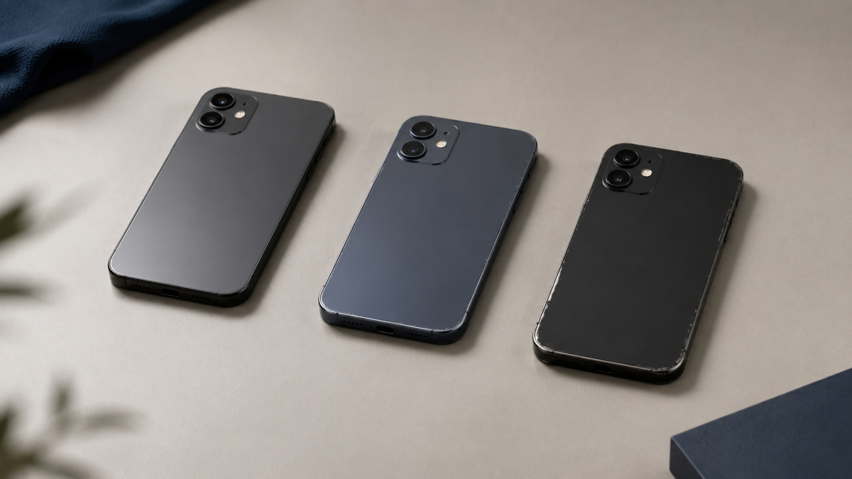 Trois smartphones génériques présentant différents niveaux d’usure esthétique.