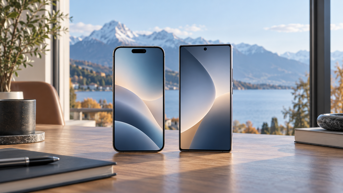 Deux smartphones reconditionnés de styles différents devant un paysage suisse.