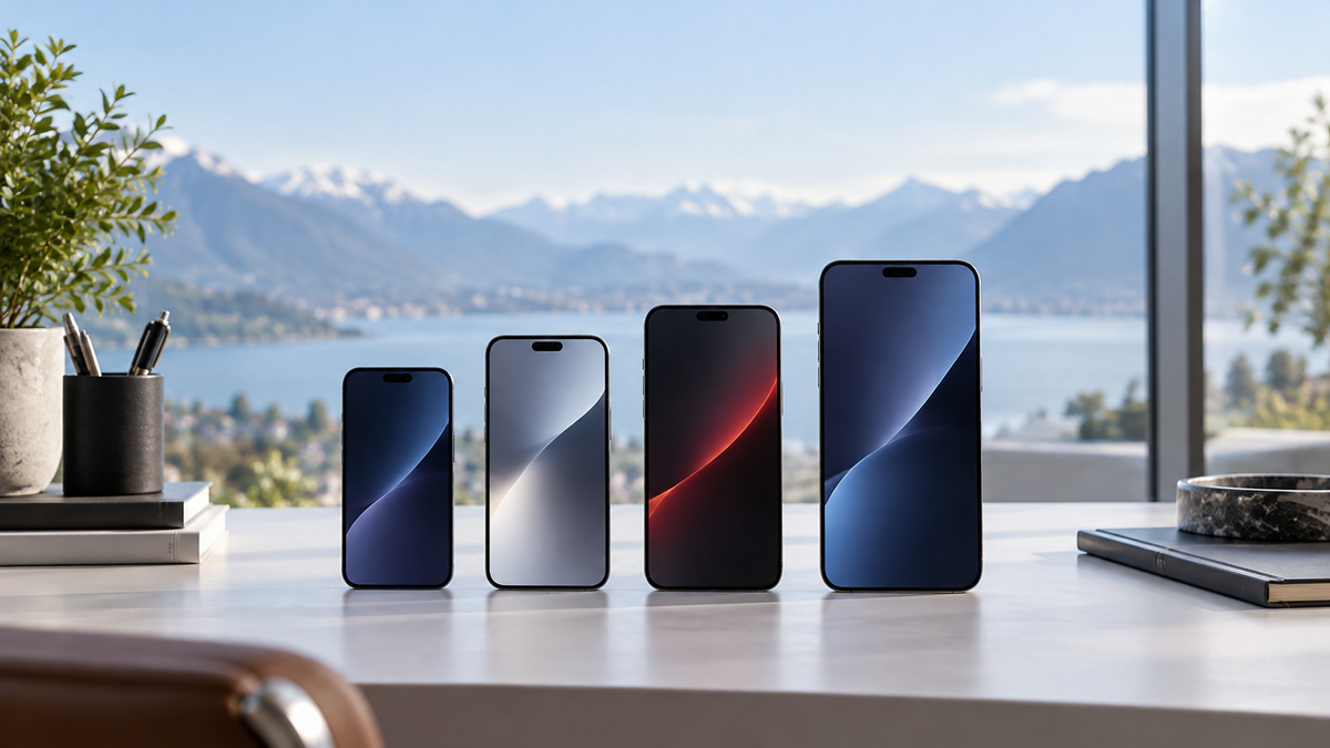 Quatre smartphones de tailles différentes alignés devant un paysage suisse.