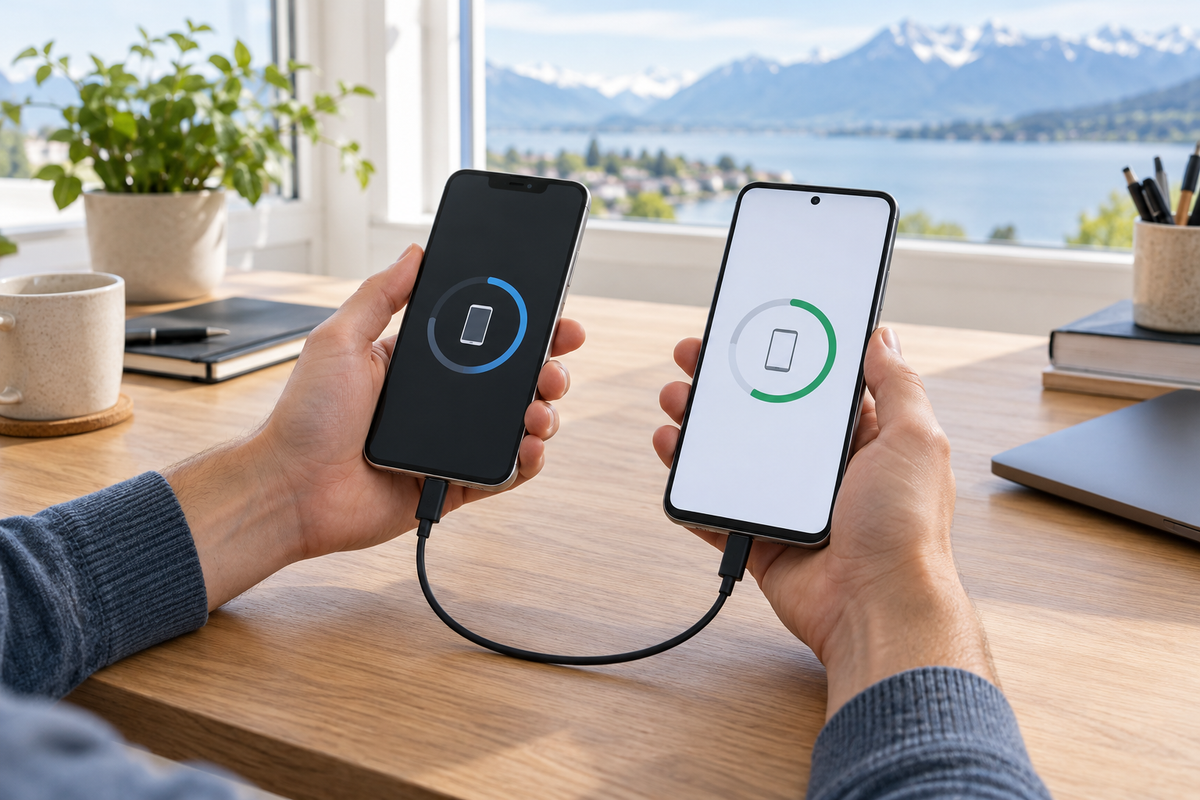 Deux smartphones reliés par un câble pendant un transfert de données dans un intérieur suisse.