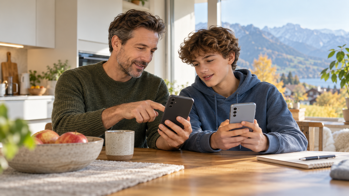 Un parent et un adolescent comparent deux smartphones reconditionnés dans une maison suisse.