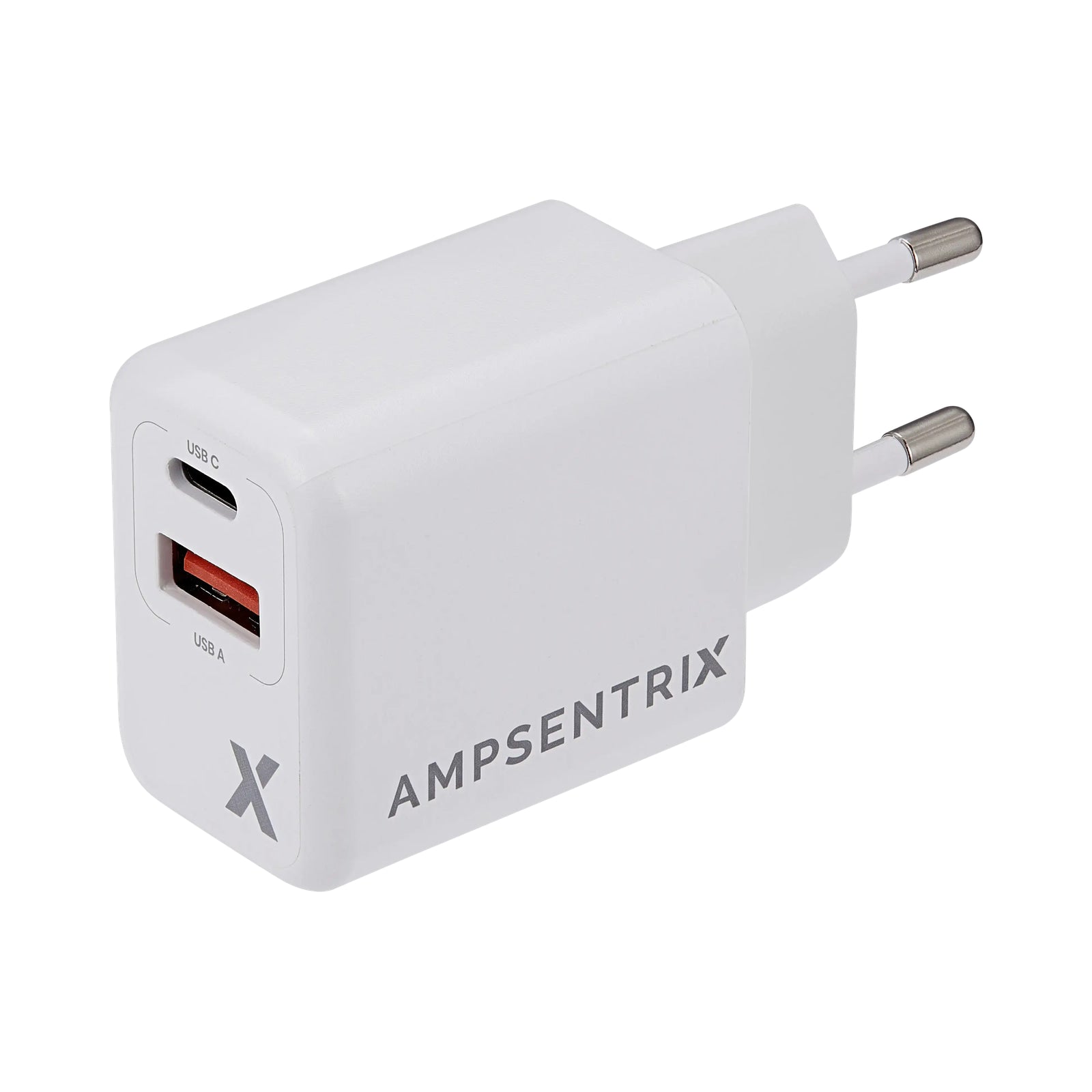Chargeur rapide AmpSentrix 20 W USB-C et USB-A, prise EU, vue trois-quarts